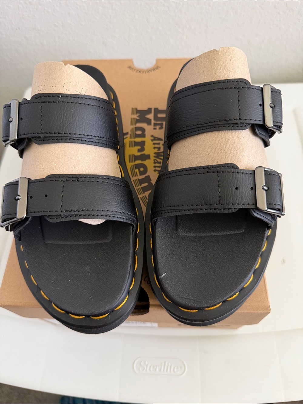 Dr. Martens women’s Athena Black Double-Strap Sandals with Yellow Stitching